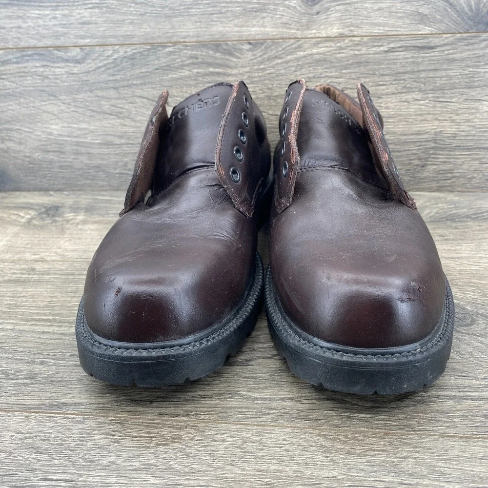 Skechers Relaxed Fit Work Shoes Mens 11 Brown Leather Slip Resistant 4096